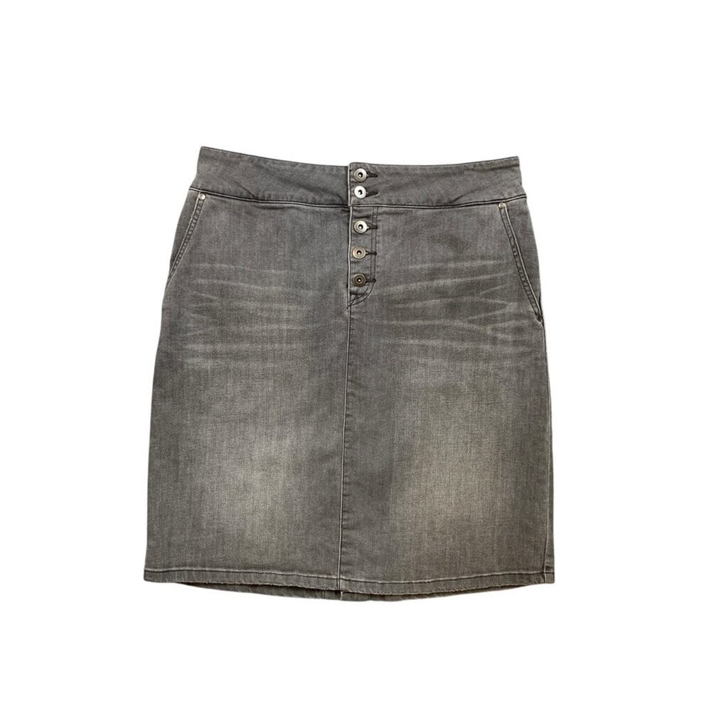 Prana Skirt Womens 14 Gray Denim Aubrey Button Fly Slit Back Pockets Pencil